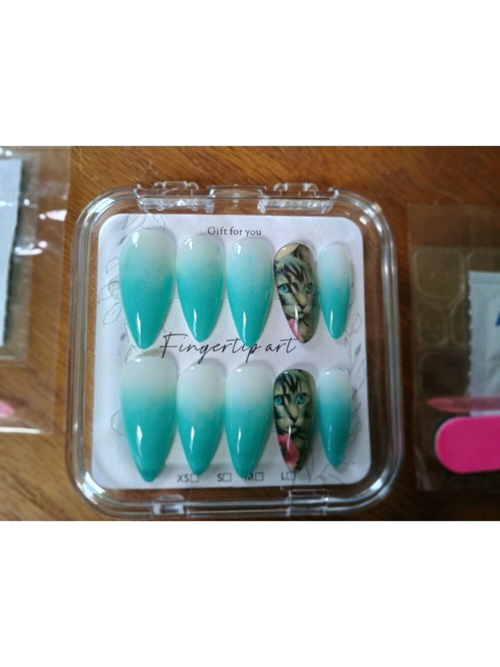 Teal Ombre Stiletto Press-On Nails With Cat Eye Design - Medium nail size